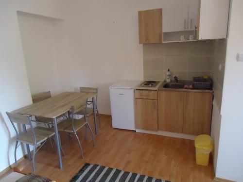 a small kitchen with a table and chairs in a room at Prenoćište Vila Stara Breza in Palić