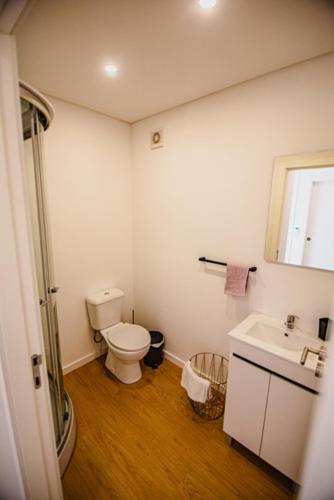 a bathroom with a toilet and a sink at Deluxe Private Pool Bungalow in Celorico de Basto