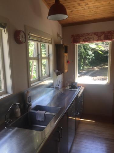 a kitchen with a sink and two windows at Nikau Retreat in New Plymouth