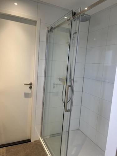 a shower with a glass door in a bathroom at Enkhuizer Strand Chalet Meeresbrise Dritte Reihe mit Zaun Haus Nr 251 in Enkhuizen