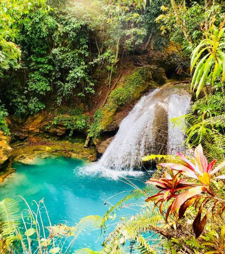 a waterfall in the jungle with blue water at Jhadano 3br Pool & Gym Shuttle Gated in Florence Hall