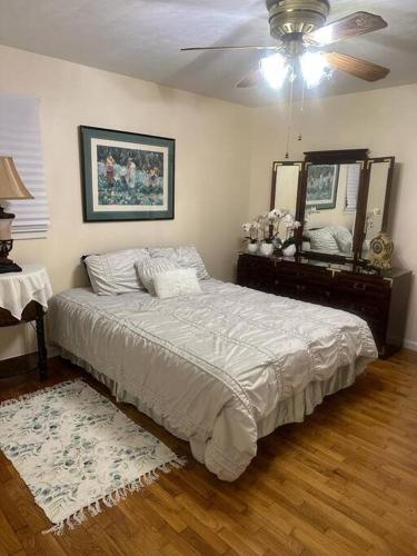 1 dormitorio con cama, espejo y ventilador en Bright cheery spa restful home., en Parsons