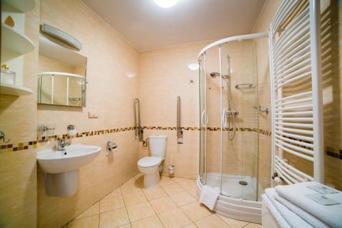 a bathroom with a toilet and a sink and a shower at Willa Anna - Pokoje Gościnne in Goczałkowice-Zdrój