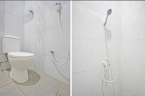 two pictures of a bathroom with a shower and a toilet at FA Homestay Syariah at Babat Lamongan Mitra RedDoorz in Lamongan