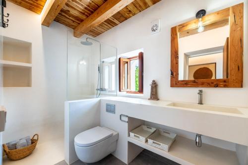 een badkamer met een wastafel, een toilet en een spiegel bij Can Xumeu Ferrer in La Mola
