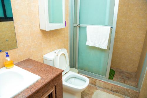 a bathroom with a shower and a toilet and a sink at Holiday Home near Swayambhunath Stupa in Kathmandu