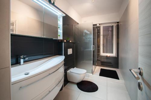 La salle de bains est pourvue d'une baignoire, de toilettes et d'une douche. dans l'établissement Apartment MATEA, à Kobarid