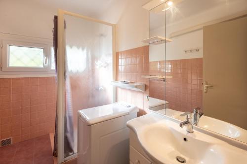 ein Badezimmer mit einem Waschbecken, einem WC und einem Spiegel in der Unterkunft Pamplemousse - Appt à 10min d'Argelès-Sur-Mer in Saint-André