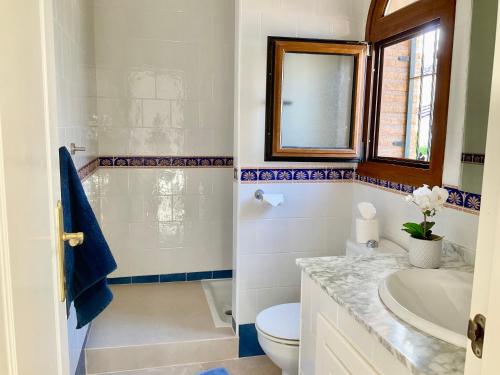 a bathroom with a toilet and a sink and a shower at Gound Floor Bungalow Jumilla III Playa Flamenca in Orihuela Costa