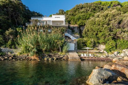 a house on a hill next to a body of water at Villa Escalina with private beach and A/C in Marciana Marina