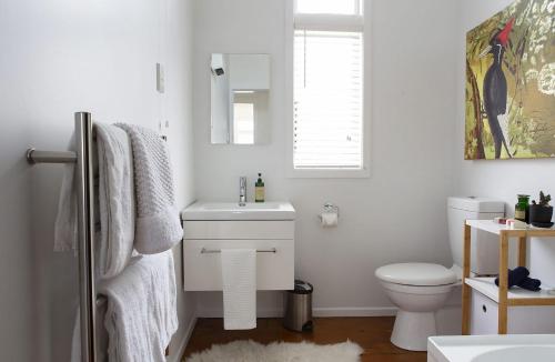 ニュープリマスにあるMichelia Figo Cottageの白いバスルーム(洗面台、トイレ付)