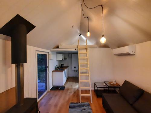 a room with a couch and a ladder in a tiny house at Ramybės parkas 