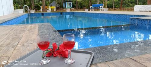 dos copas de vino tinto en una bandeja junto a una piscina en Paddyfield Inn, en Mananthavady