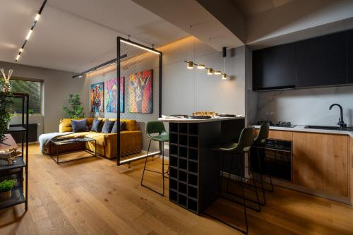 cocina y sala de estar con sofá y mesa en Brooklyn Studio - Aviatiei Park - Netflix - Parking, en Bucarest