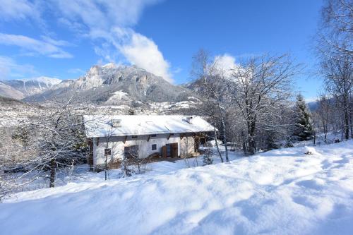 a house in the snow with a mountain in the background at B&B Mas de Lagorae in Tesero