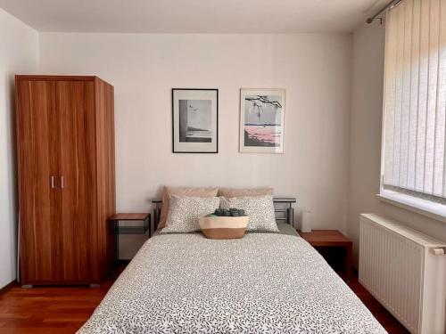 een slaapkamer met een groot bed en een raam bij Dandár Studio Budapest in Boedapest
