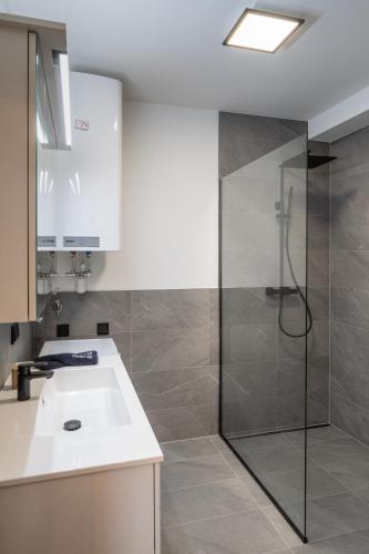 a bathroom with a shower and a sink at RiverVista Apartments by mi_vida in Bad Waltersdorf