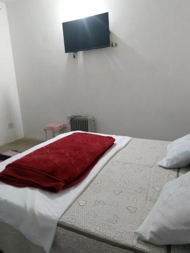 a bed with a red pillow and a flat screen tv at DAR BRAHIM 