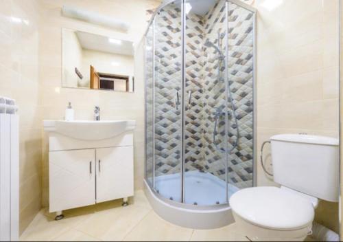 een badkamer met een douche, een toilet en een wastafel bij Къща за гости и спорт Анелия in Vŭrben