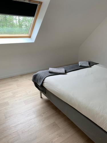 a bed in a room with a window at Maison Jardin De La Baie in Douarnenez