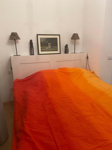 a bed with an orange blanket and two lamps at Casa Leone in Massino Visconti