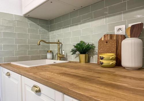 - un comptoir de cuisine avec un évier et un vase dans l'établissement Confortable T2 pour 4 voyageurs, parking privé et terrasse, à Toulouse