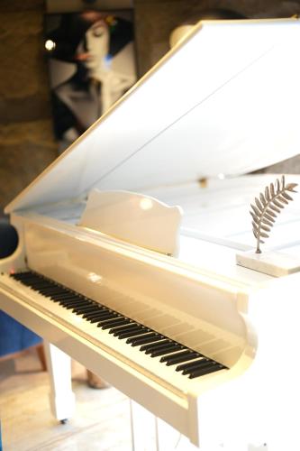 a white piano with aumed plant on top at Gori Apartments in Gori