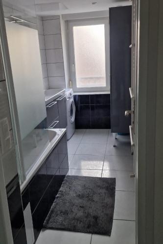 La salle de bains est pourvue de toilettes, d'une fenêtre et d'un tapis. dans l'établissement Appartement neuf, à Épinal