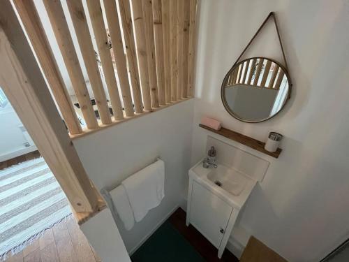 La salle de bains est pourvue d'un lavabo et d'un miroir. dans l'établissement Saint-Nazaire centre, à Saint-Nazaire