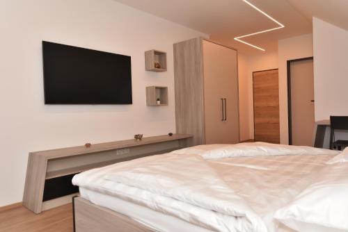 a bedroom with a bed and a flat screen tv at Village Loft in Sankt Stefan im Rosental