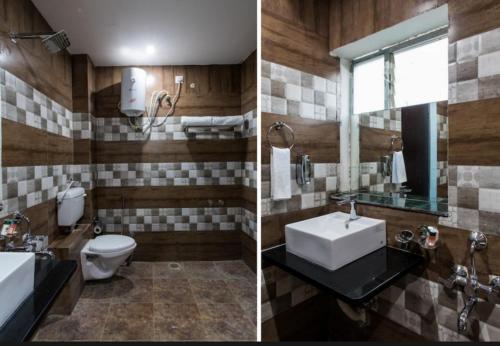 two pictures of a bathroom with a toilet and a sink at Fun and Food Resort & Holidays in Harsola