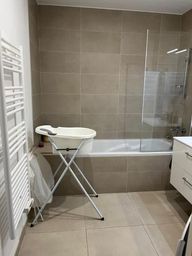 une salle de bain avec un lavabo et une baignoire dans l'établissement Appartement 2 pièces à Boulogne (porte de Paris), à Boulogne-Billancourt
