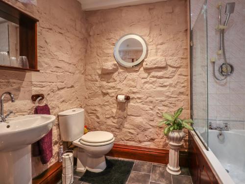 a bathroom with a toilet and a sink and a shower at The Barn in Longwitton