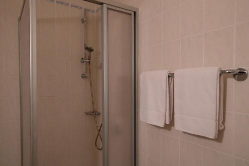 a bathroom with a shower with white towels at Hotel Dolgesheim in Dolgesheim