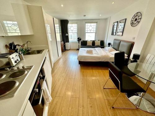 ロンドンにあるV13 Fantastic Apartment - 100m from Piccadilly Circusのキッチン、リビングルーム(ベッド付)