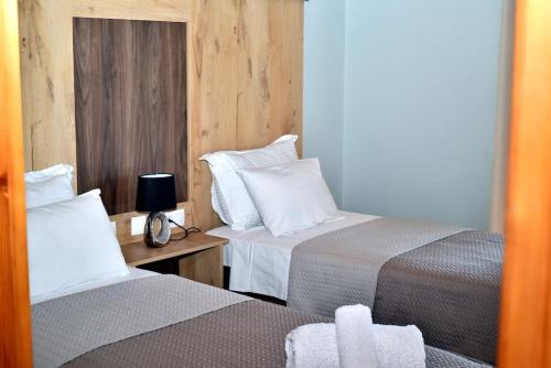 a hotel room with two beds and a mirror at Villa Magda in Syvota