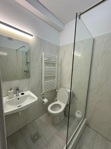 ein Badezimmer mit Toilette, Waschbecken und Dusche in der Unterkunft Perdemi in Galaţi