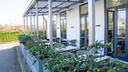 a row of tables and chairs in a building with plants at A Hotels Glostrup in Glostrup