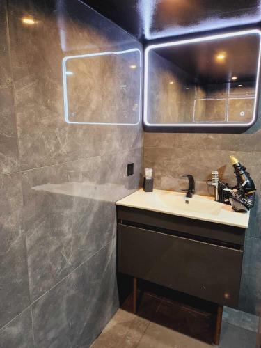 a bathroom with a sink and a mirror at Maloveroom, 2 Suites d'exceptions in Beaucroissant
