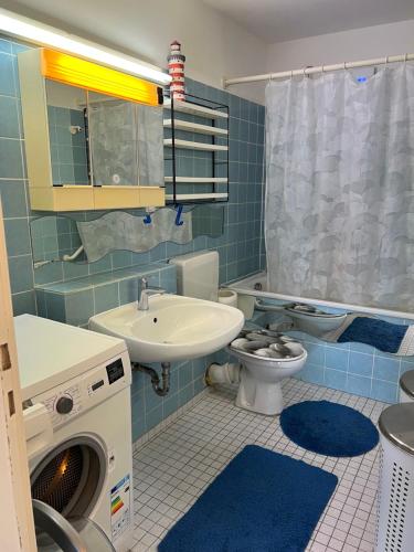 a bathroom with a sink toilet and a washing machine at Apartment in Mainz-Lerchenberg in Mainz