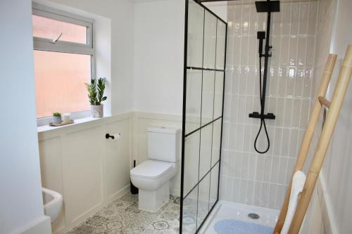 a bathroom with a toilet and a shower at Carlton House, 3 Bedroom, Cinema, Mini golf, Wifi in Spinney Hill