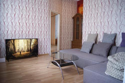 ein Wohnzimmer mit einem Sofa und einem TV in der Unterkunft Daugavpils city centre in Daugavpils