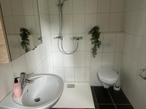 bagno con lavandino e servizi igienici di Ferienwohnung An der Loipe a Lichtenstein