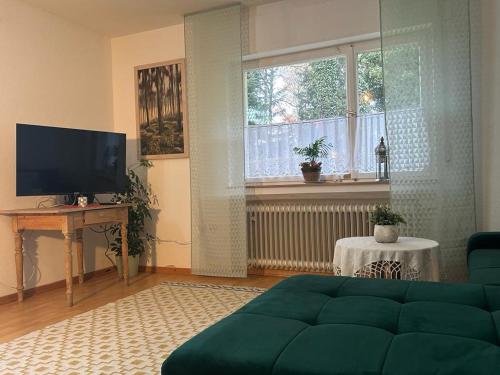 sala de estar con sofá verde y TV en Ferienwohnung An der Loipe, en Lichtenstein