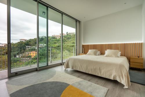 豐沙爾的住宿－Villa 65 - City Edge Retreat，一间卧室设有床铺和大型玻璃窗