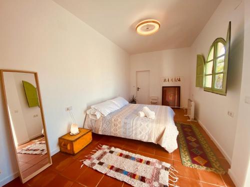 a bedroom with a bed and a mirror in it at La Casita del Cactus - Casa de campo con piscina in Alcalá de Guadaira