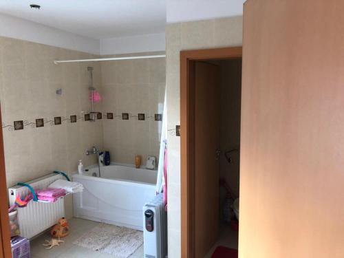 W łazience znajduje się wanna, umywalka i wanna. w obiekcie Casa Vox Torontalului w mieście Timişoara