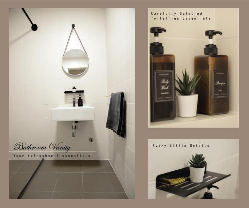 two pictures of a bathroom with a sink and a mirror at KL Art Nouveau Suite, MRT, Free Parking, Self Check In in Petaling Jaya