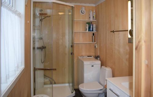 a bathroom with a shower and a toilet and a sink at Cozy Home In Noresund With Kitchen in Noresund