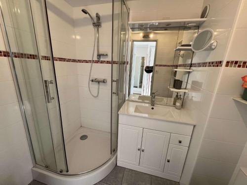 une salle de bain avec douche et lavabo dans l'établissement T2 avec Climatisation, Piscine, Box Privé - FR-1-702-6, au Cap d'Agde